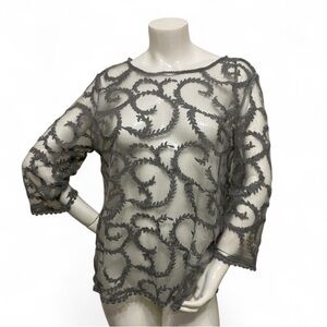 Sundance Women large Lace Sheer Grey Longsleeves Top Coquette Bohemian Feminine